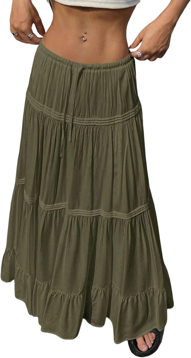 MARZXIN Long Skirt for Women Solid Color Tie-Waist Ruffle Hem Long Casual Skirt