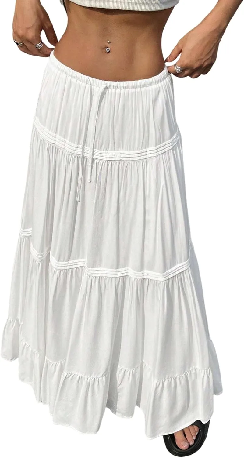 MARZXIN Long Skirt for Women Solid Color Tie-Waist Ruffle Hem Long Casual Skirt