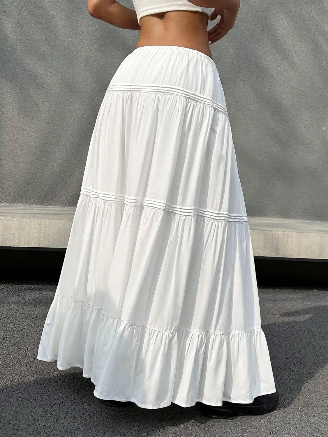 MARZXIN Long Skirt for Women Solid Color Tie-Waist Ruffle Hem Long Casual Skirt