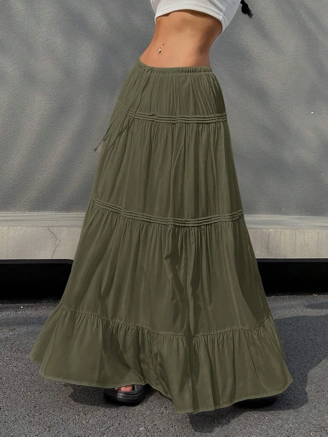 MARZXIN Long Skirt for Women Solid Color Tie-Waist Ruffle Hem Long Casual Skirt