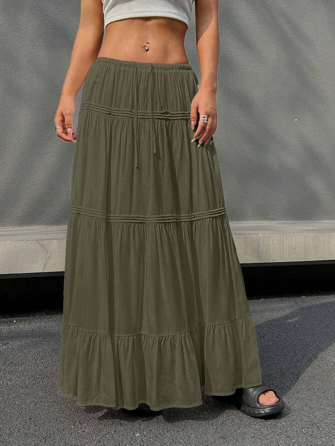 MARZXIN Long Skirt for Women Solid Color Tie-Waist Ruffle Hem Long Casual Skirt
