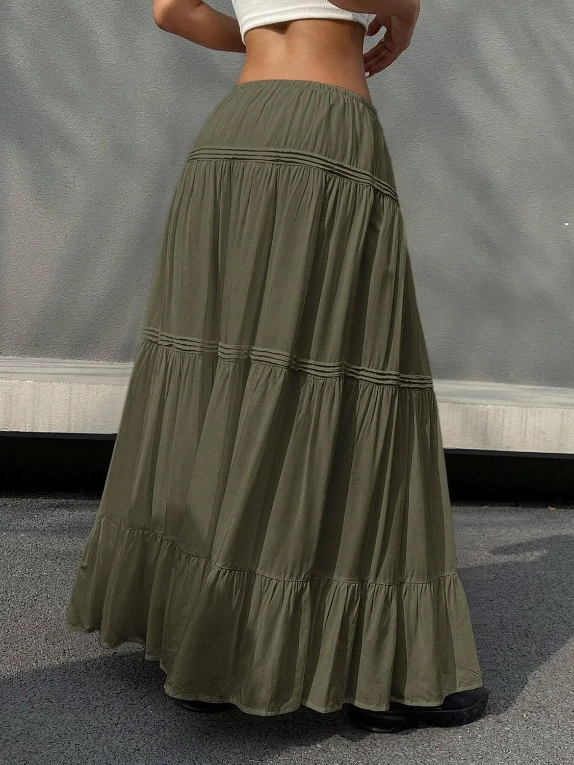 MARZXIN Long Skirt for Women Solid Color Tie-Waist Ruffle Hem Long Casual Skirt
