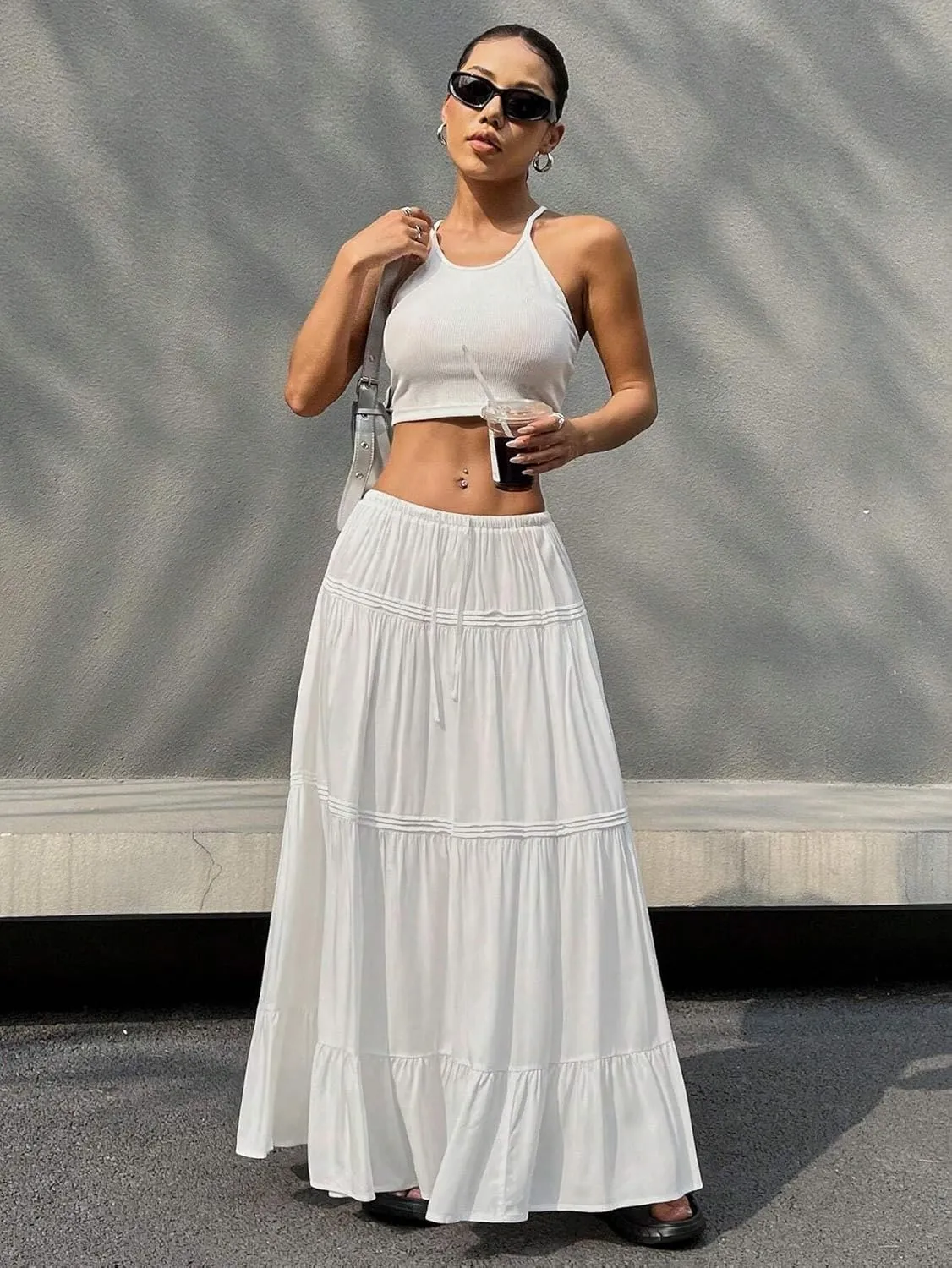 MARZXIN Long Skirt for Women Solid Color Tie-Waist Ruffle Hem Long Casual Skirt