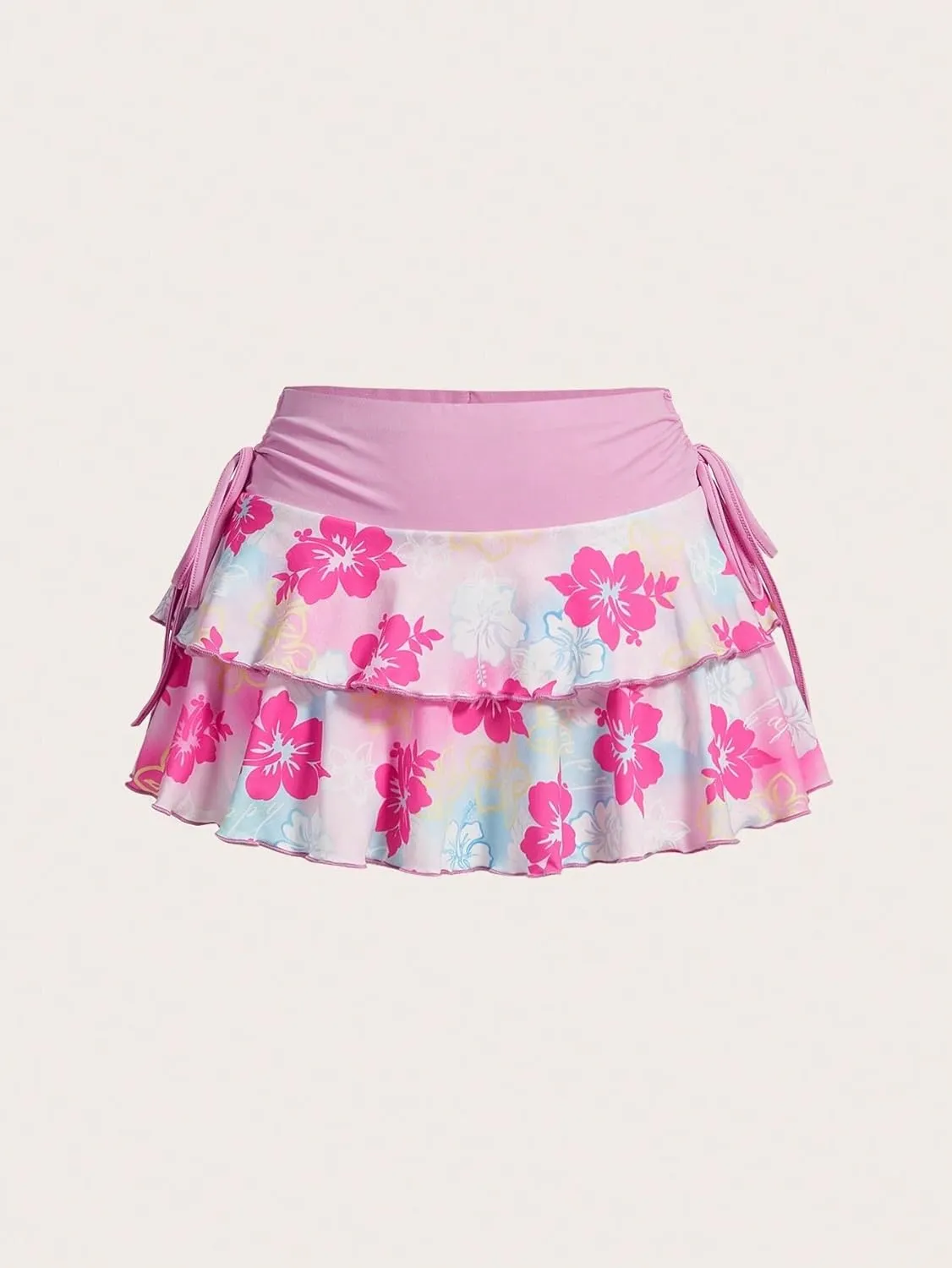 MARZXIN Mini Skirt for Women Side Tie Ruffled Hem Pleated Waist Floral Print A-Line Mini Skirt