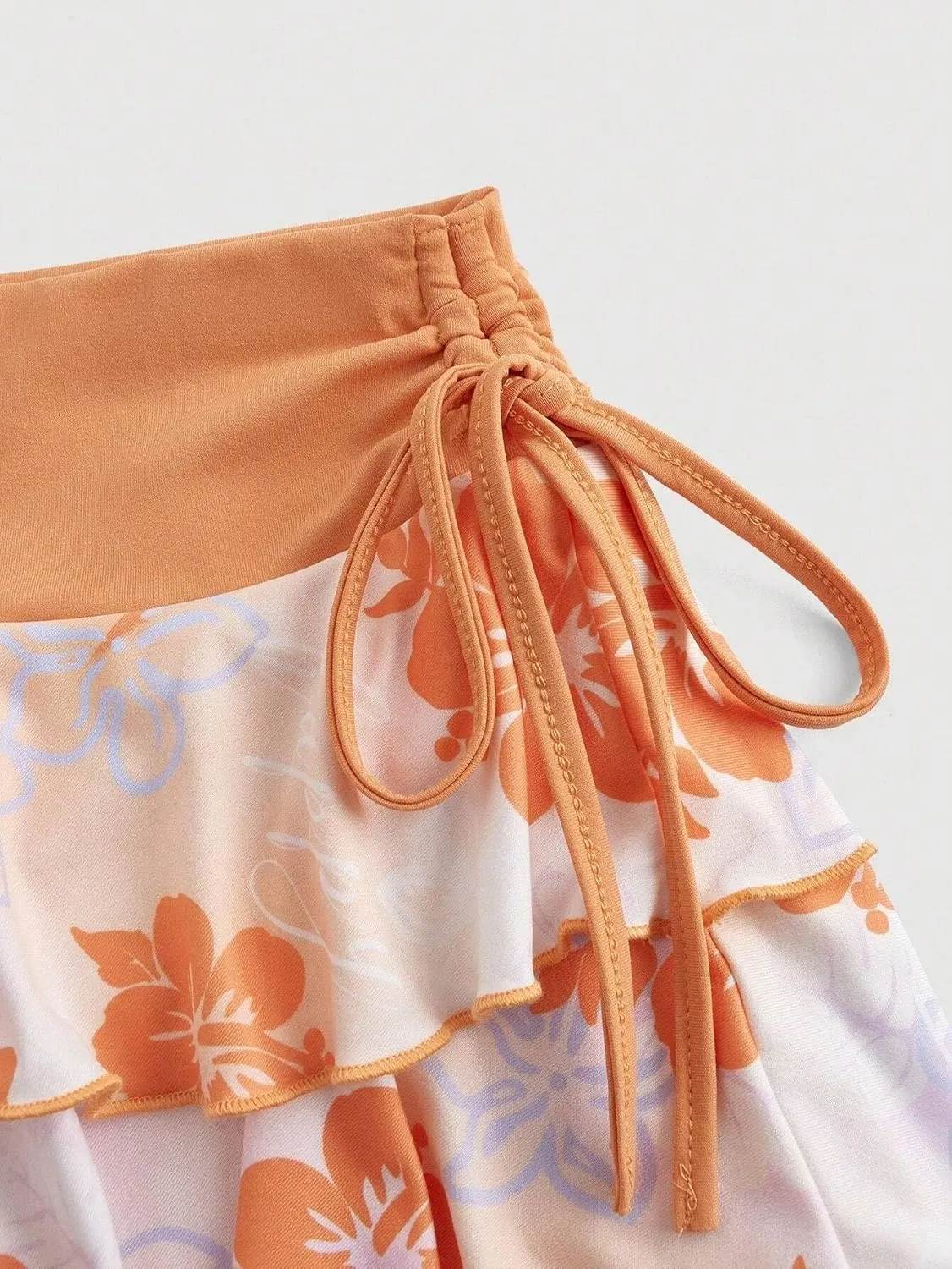MARZXIN Mini Skirt for Women Side Tie Ruffled Hem Pleated Waist Floral Print A-Line Mini Skirt