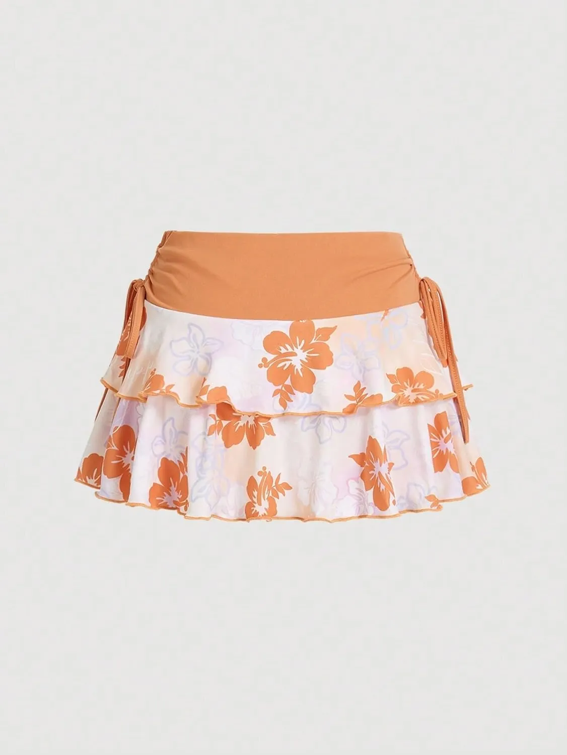 MARZXIN Mini Skirt for Women Side Tie Ruffled Hem Pleated Waist Floral Print A-Line Mini Skirt