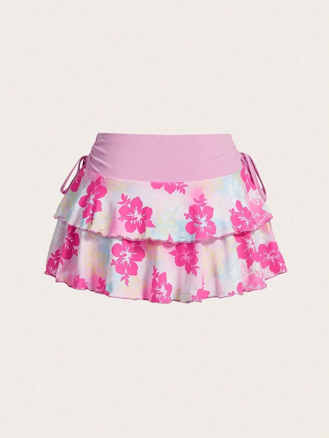 MARZXIN Mini Skirt for Women Side Tie Ruffled Hem Pleated Waist Floral Print A-Line Mini Skirt