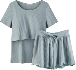 Maternity Breastfeeding Clothes Short Sleeve Stripe T Shirt and Lace up Shorts Set Maternity Summer Casual Outfit