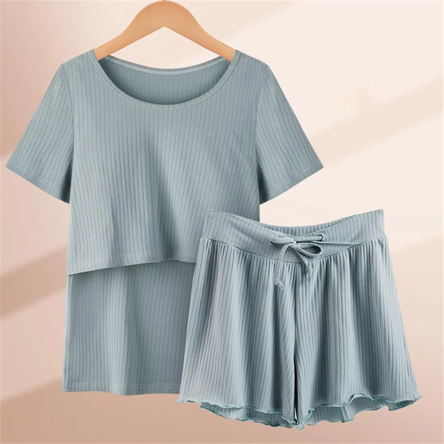 Maternity Breastfeeding Clothes Short Sleeve Stripe T Shirt and Lace up Shorts Set Maternity Summer Casual Outfit