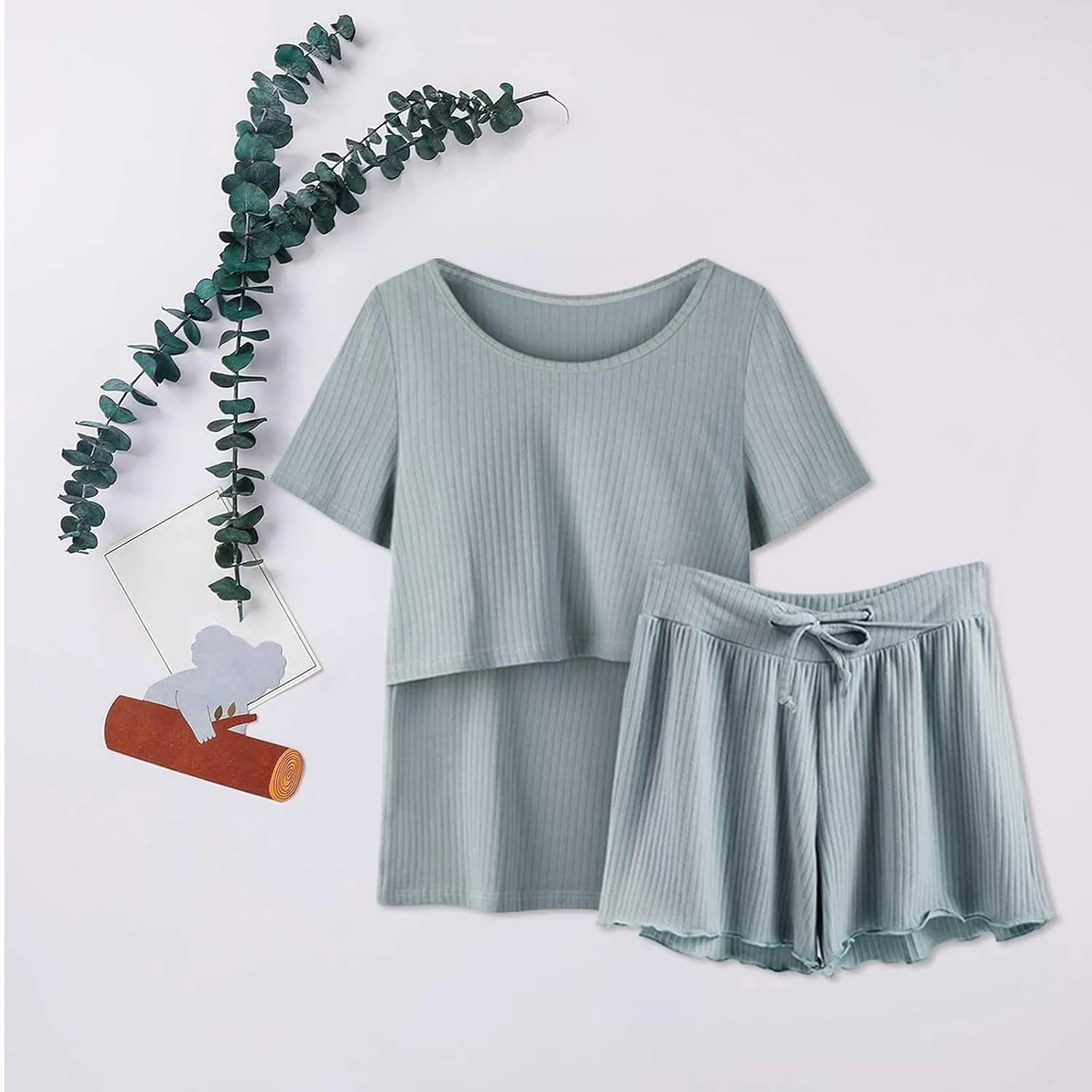 Maternity Breastfeeding Clothes Short Sleeve Stripe T Shirt and Lace up Shorts Set Maternity Summer Casual Outfit