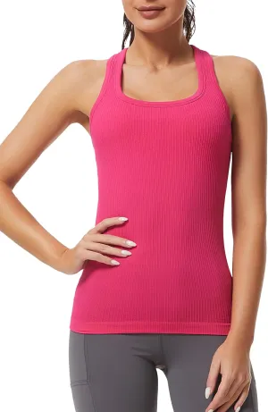 MathCat Workout Tank Tops for Women Athletic Basic Tanks Seamless Running Muscle Racerback Ribbed Yoga Tops with Built in Bra