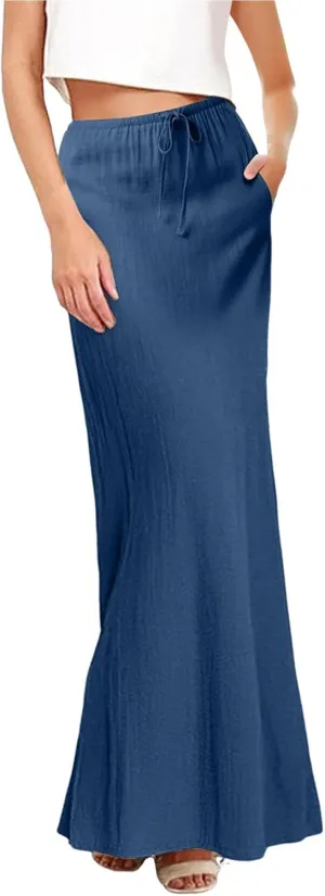Maxi Skirt for Women Daily Casual Elegant Solid Color A Skirts Vintage Elastic Waist Skirt 2025 Summer Trendy
