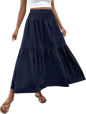 Maxi Skirt for Women Summer Casual Elastic High Waist Pleated A Line Flowy Swing Tiered Beach Vacation Skirts