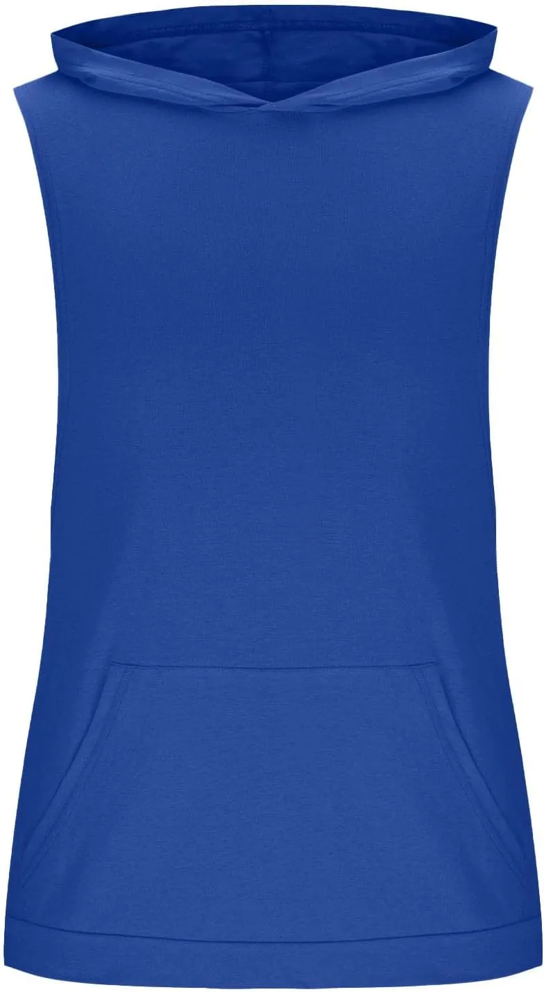 Men Cotton Muscle Cut Off Hooded Tank Tops, Solid Color Basic Bodybuilding Training Hoodies Sleeveless Loose Pockets Tees