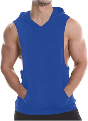 Men Cotton Muscle Cut Off Hooded Tank Tops, Solid Color Basic Bodybuilding Training Hoodies Sleeveless Loose Pockets Tees