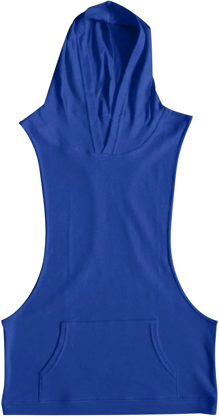 Men Cotton Muscle Cut Off Hooded Tank Tops, Solid Color Basic Bodybuilding Training Hoodies Sleeveless Loose Pockets Tees