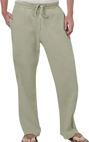 Mens Activewear Pants Mens Linen Beach Pants Summer Casual Solid Color Pants Elastic Waist Drawstring Loose Trousers with Pockets Vintage Ethnic Print Pants