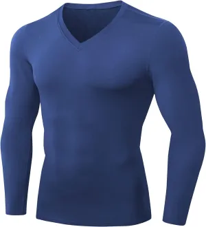 Men's Athletic Compression Shirt - V Neck Long Sleeve Workout Running Base Layer Tops Cool Dry T-Shirt Gym Undershirts
