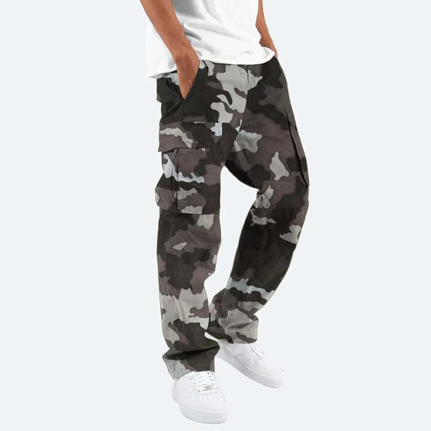 Mens Cargo Pants Print Cargo Pants Drawstring Stretch Elastic Waist Tapered Trousers Cotton Drawstring Chino Cargo Trousers