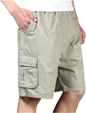 Men's Cargo Shorts Baggy Summer Cotton Work Shorts Stretch Waist Drawstring Outdoor Hiking Shorts Multi Pockets