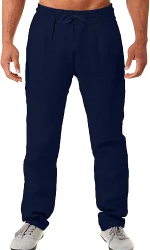 Mens Casual Linen Pants Elastic Waist Drawstring Trousers Athletic Gym Sweatpants Hiking Hunting Work Pant Chinos Pants Men Mens Activewear Pants