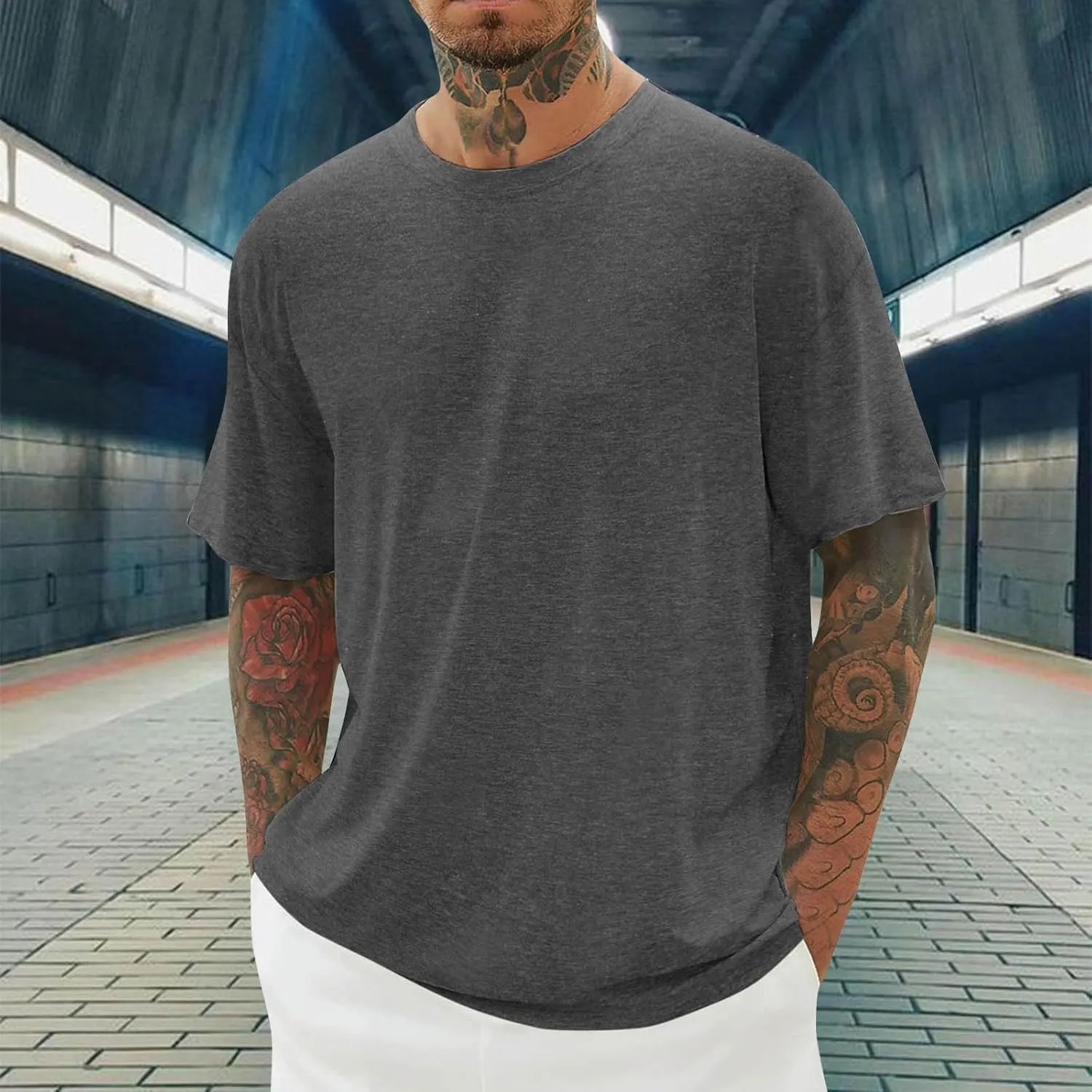 Mens Cotton T-Shirt Crew Neck Short Sleeve Tee Shirts Hipster Hip Hop Streetwear Casual Tops Gym Muscle Shirts
