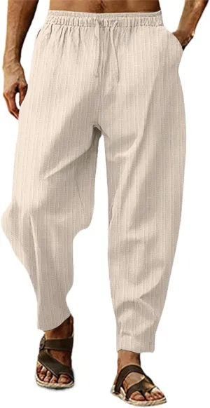 Mens Linen Cotton Yoga Casual Pants for Summer Drawstring Beach Trousers Loose Fit Baggy Lounge Jogger Sweatpants