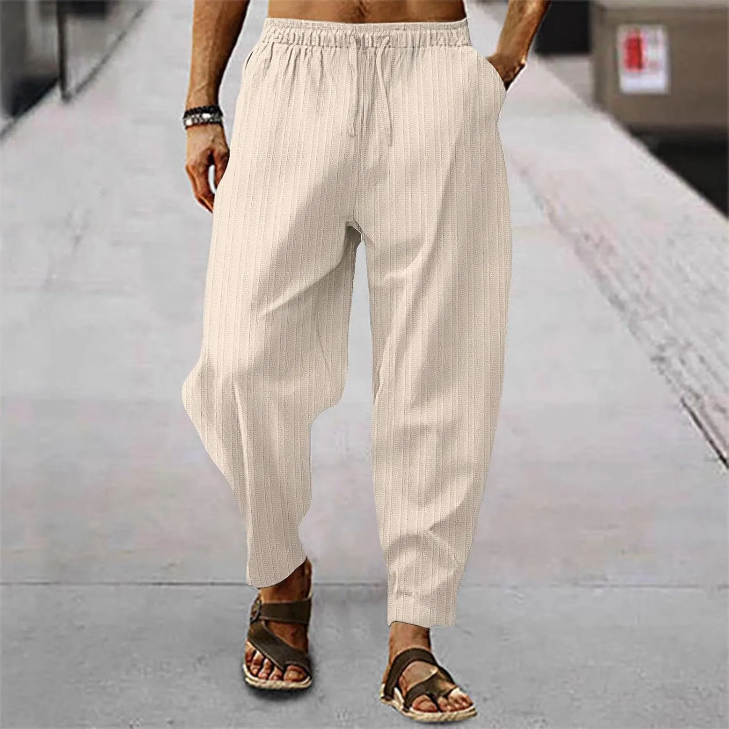 Mens Linen Cotton Yoga Casual Pants for Summer Drawstring Beach Trousers Loose Fit Baggy Lounge Jogger Sweatpants