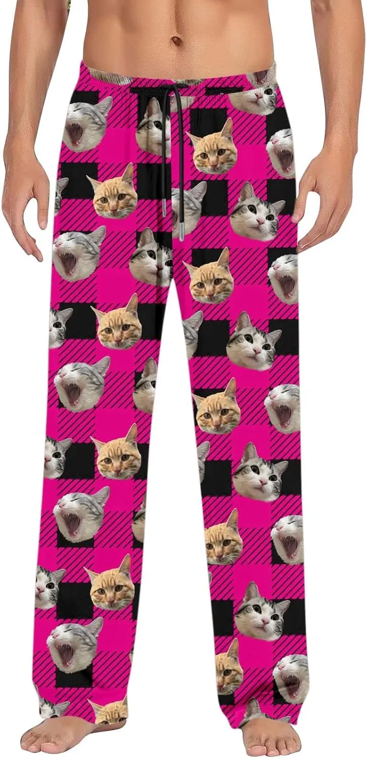 Mens Pajama Pants Plaid Pajama Pants Funny Cat Print Pajamas Pj Baggy Drawstring Sleep Lounge Bottoms with Pockets