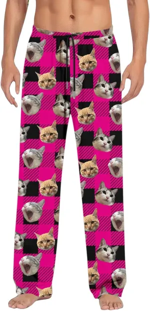 Mens Pajama Pants Plaid Pajama Pants Funny Cat Print Pajamas Pj Baggy Drawstring Sleep Lounge Bottoms with Pockets