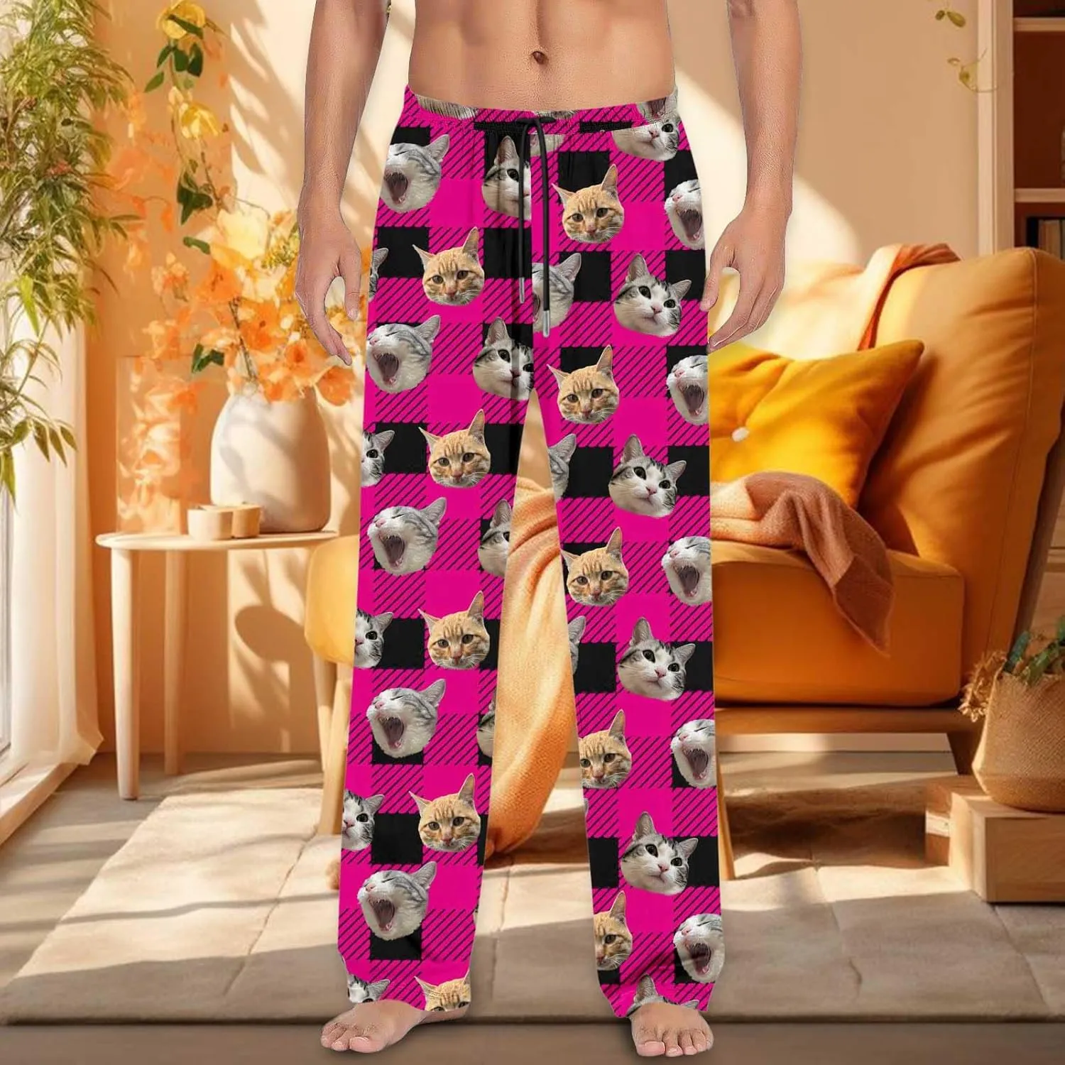 Mens Pajama Pants Plaid Pajama Pants Funny Cat Print Pajamas Pj Baggy Drawstring Sleep Lounge Bottoms with Pockets