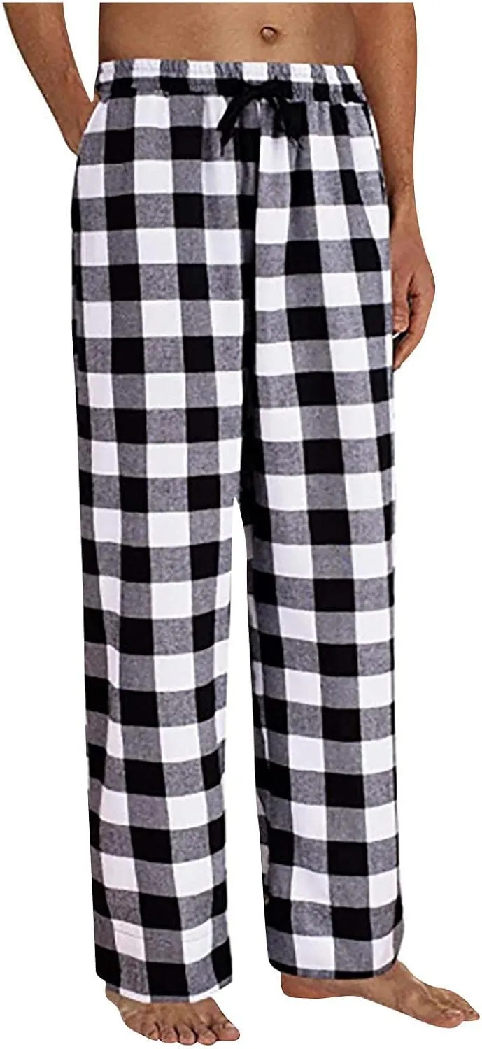 Mens Plaid Pajama Pants,Cotton Drawstring Elastic Waist Pj Pants Soft Loose Fit Lightweight Lounge Sleepwear