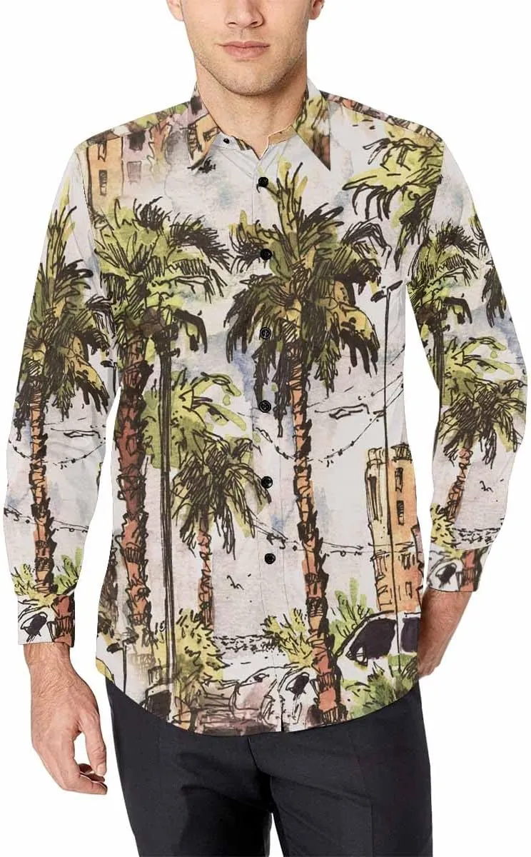 Mens Shirts Long Sleeve Tropical Leaves Pattern Mens Button Down Long Sleeve Shirt Dress Shirt Long-Sleeve Work Shirt