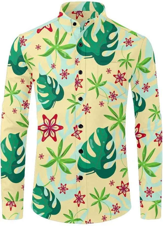 Mens Shirts Long Sleeve Tropical Leaves Pattern Mens Button Down Long Sleeve Shirt Dress Shirt Long-Sleeve Work Shirt