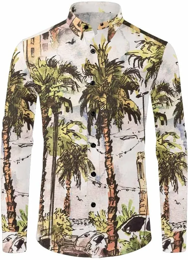Mens Shirts Long Sleeve Tropical Leaves Pattern Mens Button Down Long Sleeve Shirt Dress Shirt Long-Sleeve Work Shirt