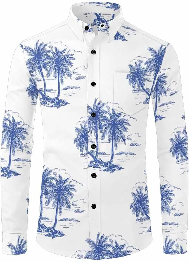 Mens Shirts Long Sleeve Tropical Leaves Pattern Mens Button Down Long Sleeve Shirt Dress Shirt Long-Sleeve Work Shirt