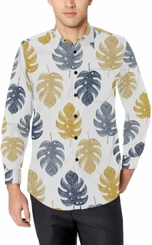 Mens Shirts Long Sleeve Tropical Leaves Pattern Mens Button Down Long Sleeve Shirt Dress Shirt Long-Sleeve Work Shirt