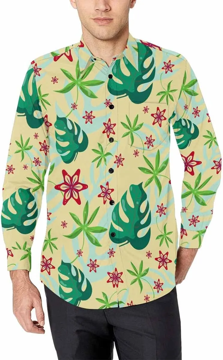 Mens Shirts Long Sleeve Tropical Leaves Pattern Mens Button Down Long Sleeve Shirt Dress Shirt Long-Sleeve Work Shirt