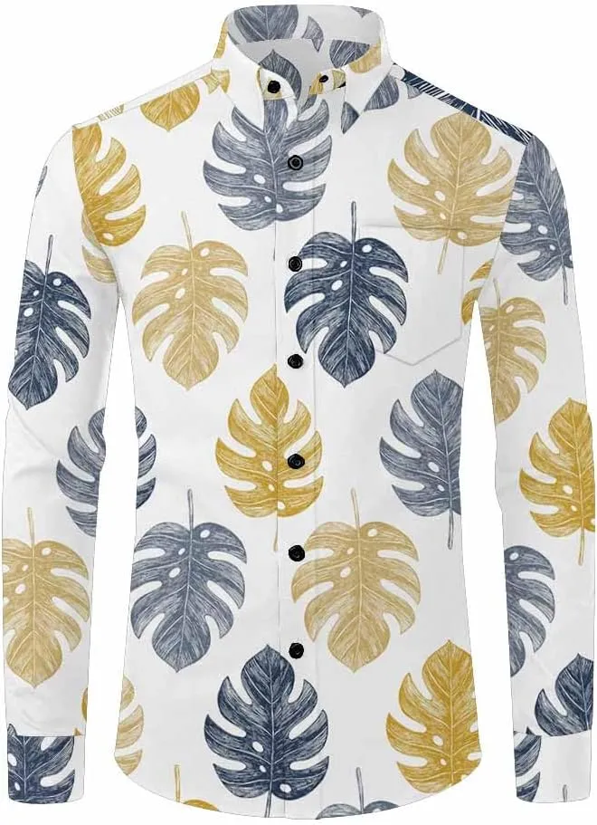 Mens Shirts Long Sleeve Tropical Leaves Pattern Mens Button Down Long Sleeve Shirt Dress Shirt Long-Sleeve Work Shirt