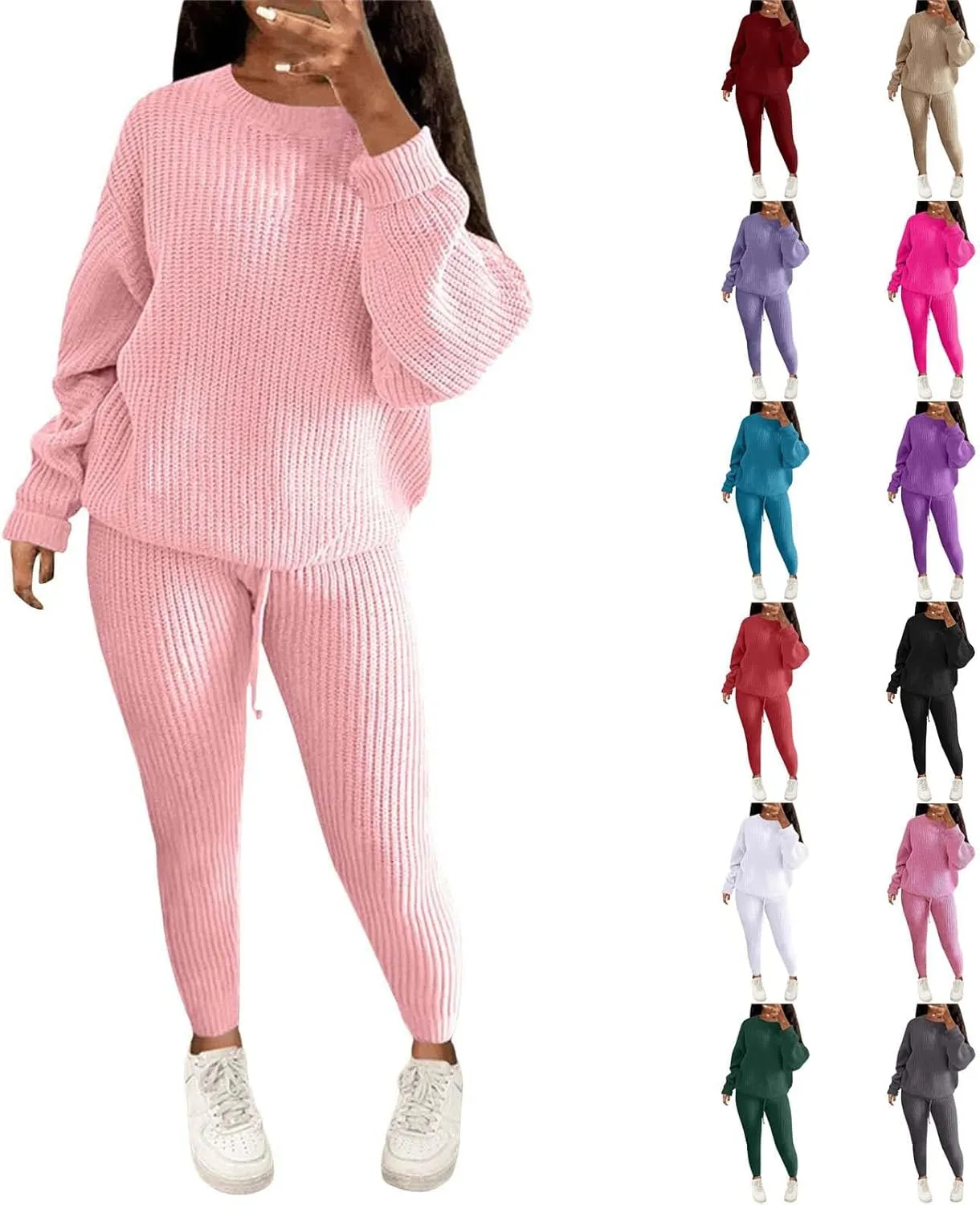 Miyaomn Casual Ribbed Knit Sets for Women 2 Piece Outfit Long Sleeve Pullover Sweater Top and Drawstring Long Pants Sweatsuit