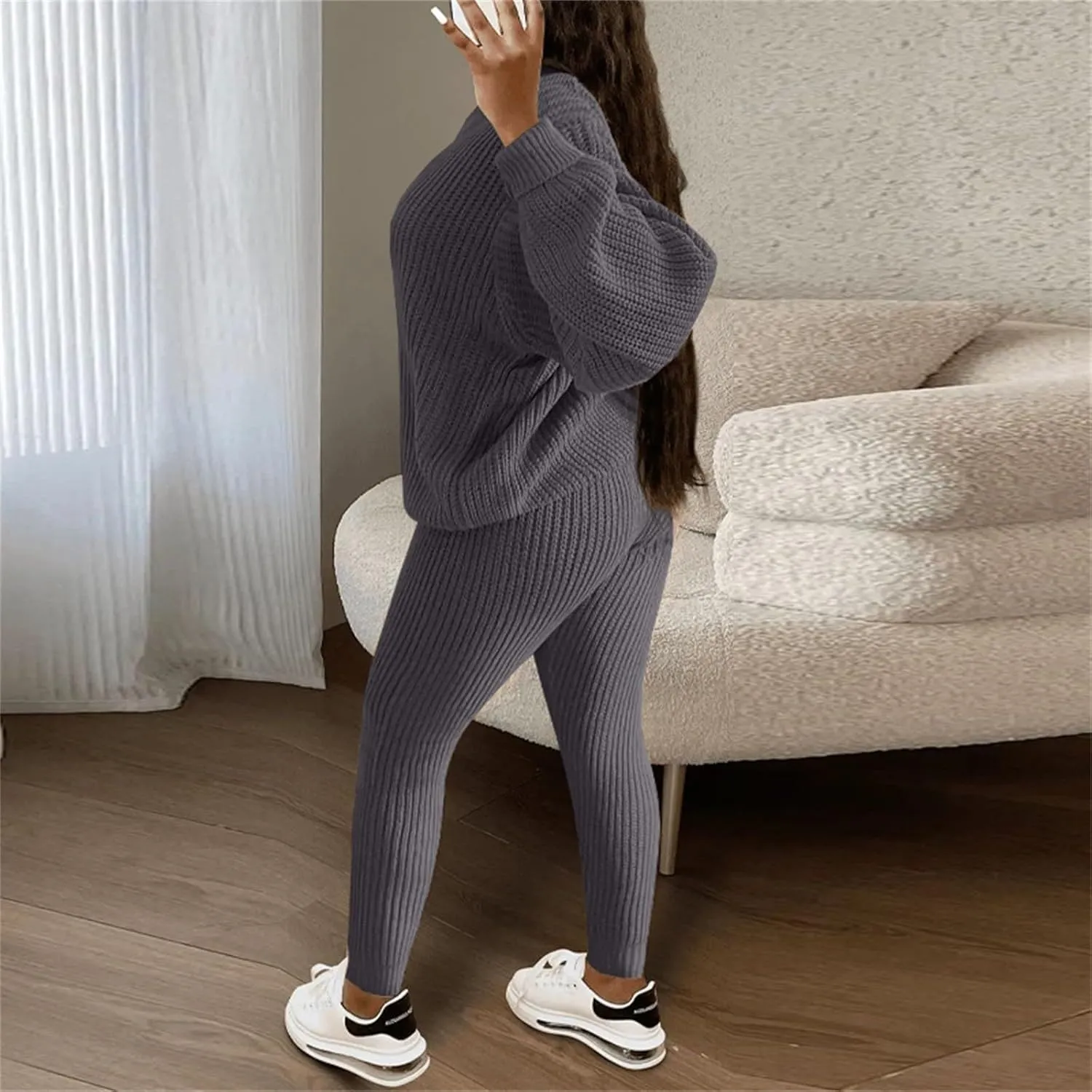 Miyaomn Casual Ribbed Knit Sets for Women 2 Piece Outfit Long Sleeve Pullover Sweater Top and Drawstring Long Pants Sweatsuit