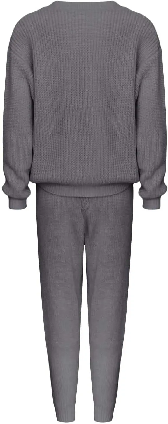 Miyaomn Casual Ribbed Knit Sets for Women 2 Piece Outfit Long Sleeve Pullover Sweater Top and Drawstring Long Pants Sweatsuit