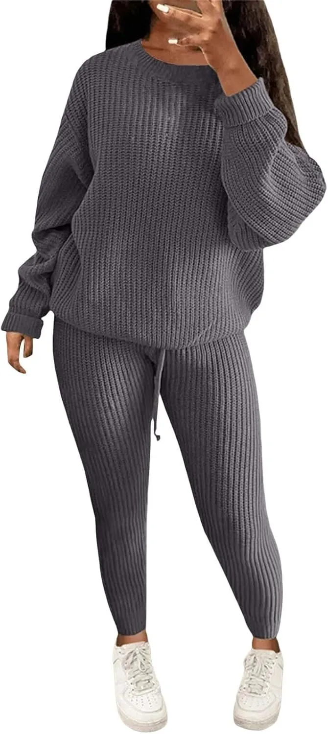 Miyaomn Casual Ribbed Knit Sets for Women 2 Piece Outfit Long Sleeve Pullover Sweater Top and Drawstring Long Pants Sweatsuit