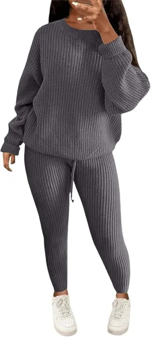 Miyaomn Casual Ribbed Knit Sets for Women 2 Piece Outfit Long Sleeve Pullover Sweater Top and Drawstring Long Pants Sweatsuit