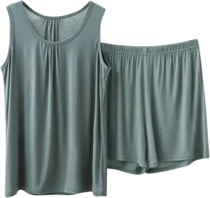 Miyaomn Pajamas Set for Women Comfortable Sleeveless Tank Top and Shorts Sets Solid Color Loose Vest Cami Soft Sleepwear 2pc