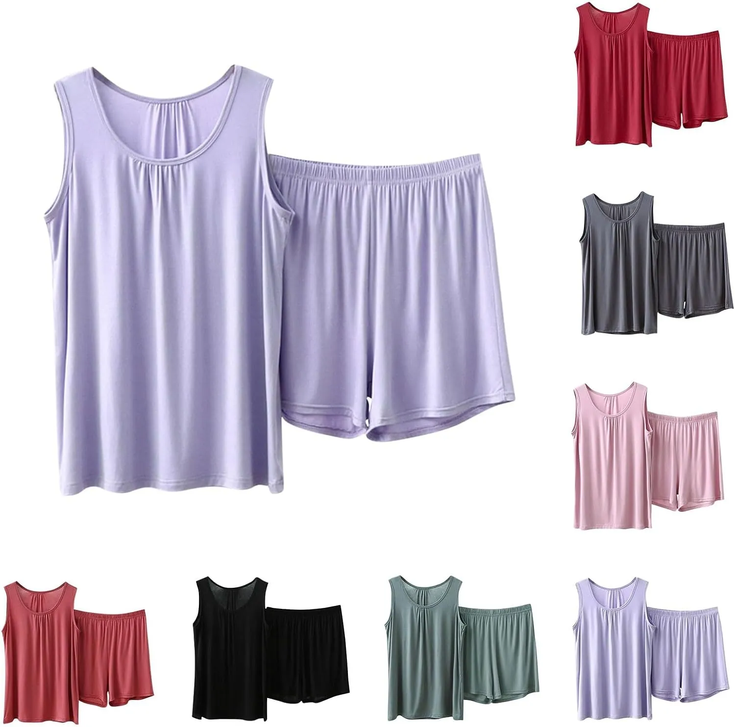 Miyaomn Pajamas Set for Women Comfortable Sleeveless Tank Top and Shorts Sets Solid Color Loose Vest Cami Soft Sleepwear 2pc