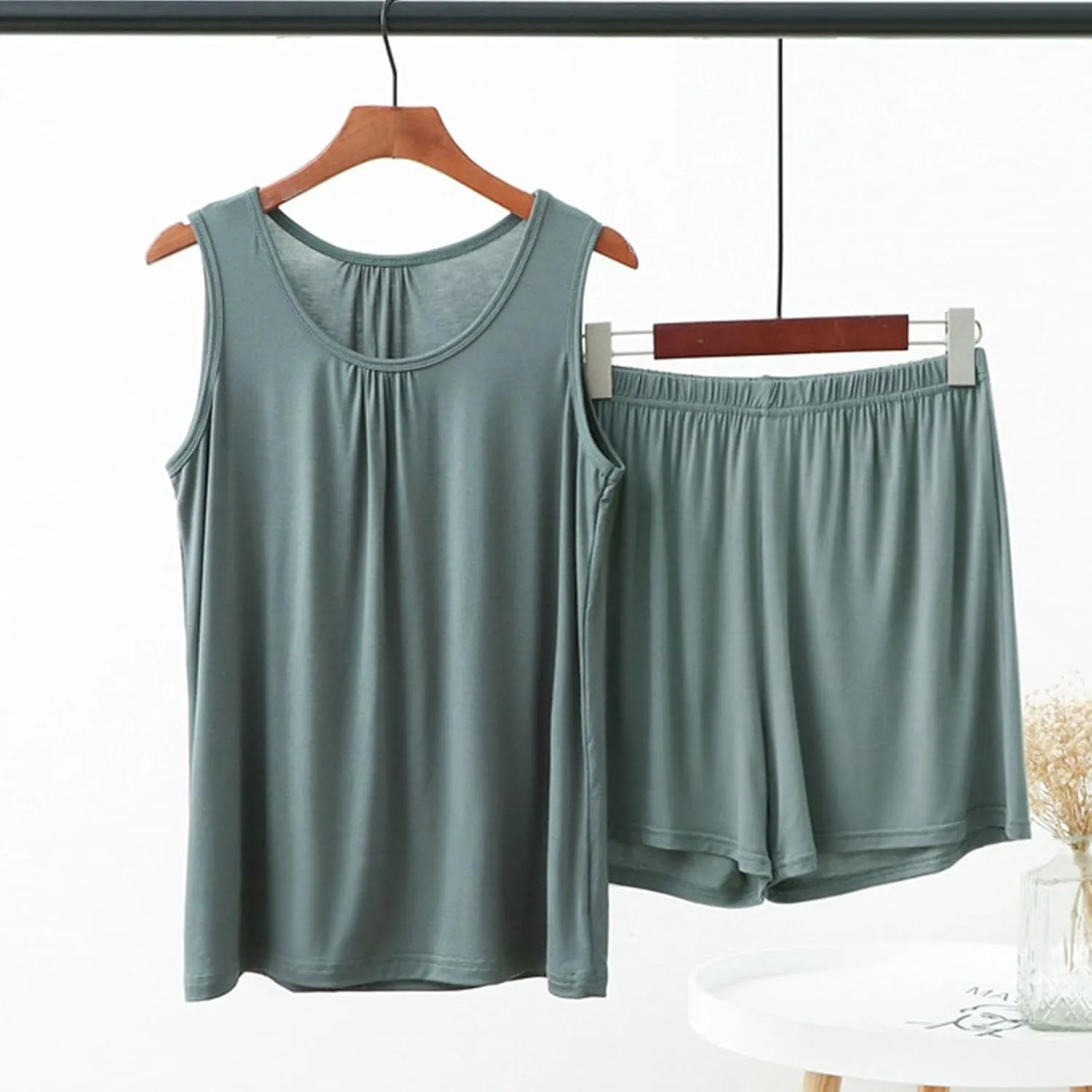 Miyaomn Pajamas Set for Women Comfortable Sleeveless Tank Top and Shorts Sets Solid Color Loose Vest Cami Soft Sleepwear 2pc