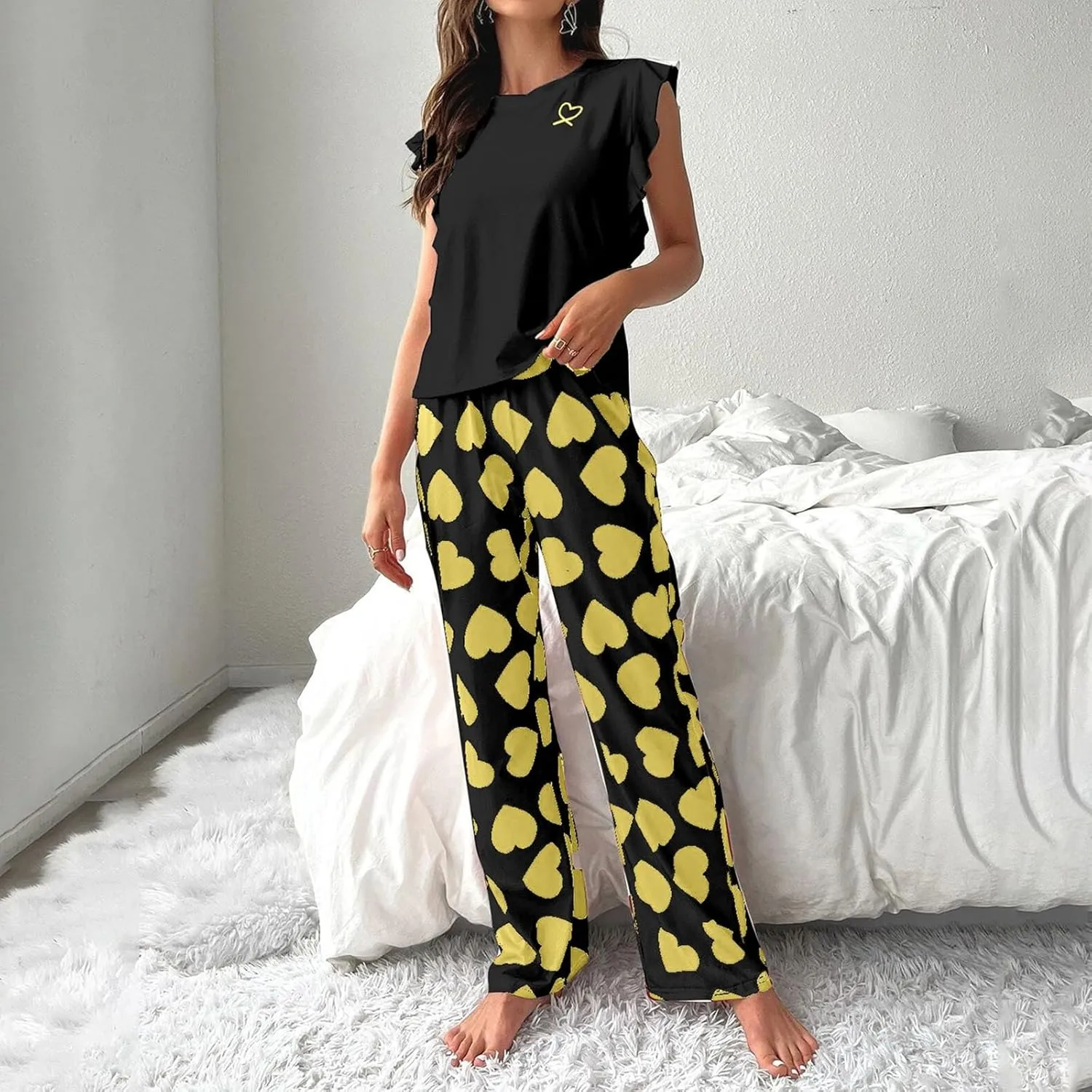 Miyaomn Women's Pajama Sets Ruffled Sleeveless Tank Top and Long Printed Pants with Pockets 2 Piece Pjs Sets Lounge Sleepwear
