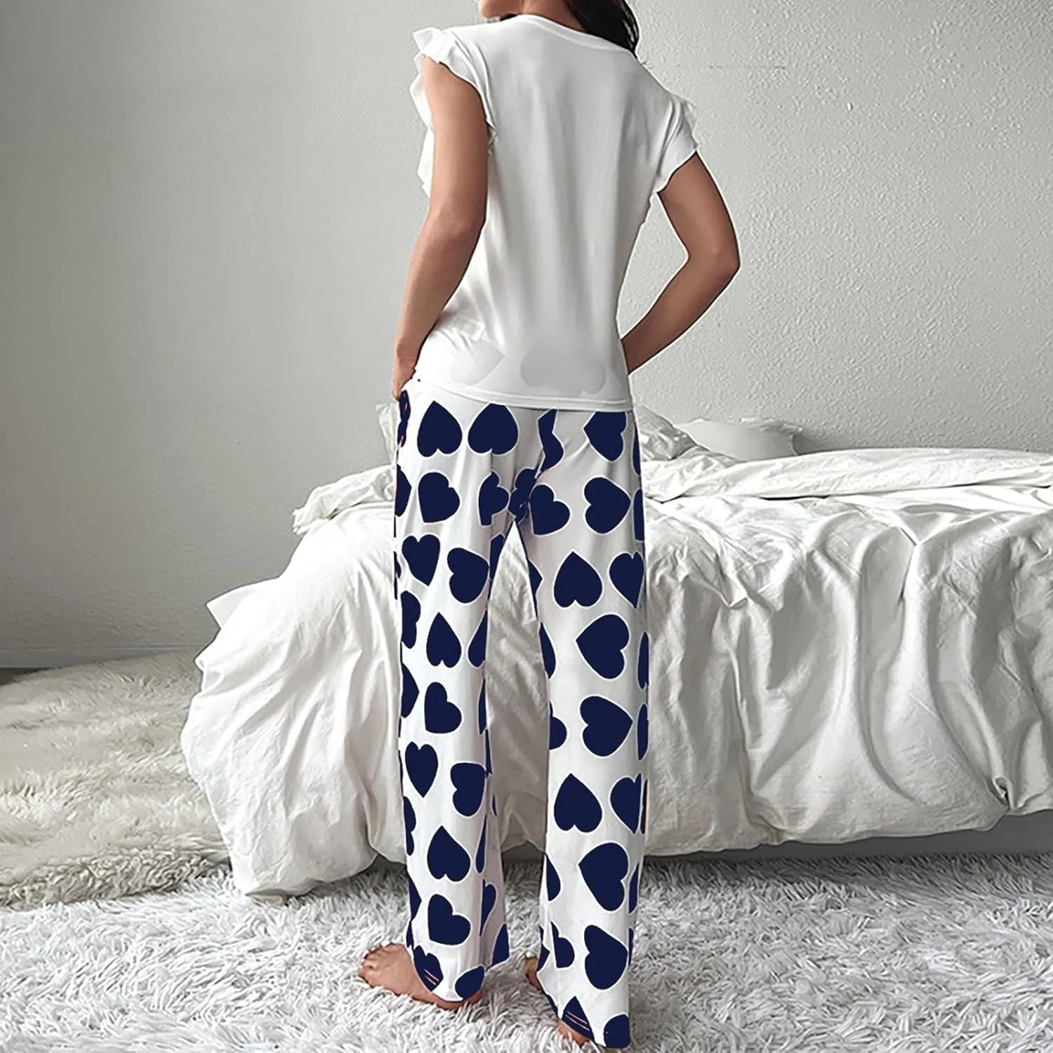 Miyaomn Women's Pajama Sets Ruffled Sleeveless Tank Top and Long Printed Pants with Pockets 2 Piece Pjs Sets Lounge Sleepwear