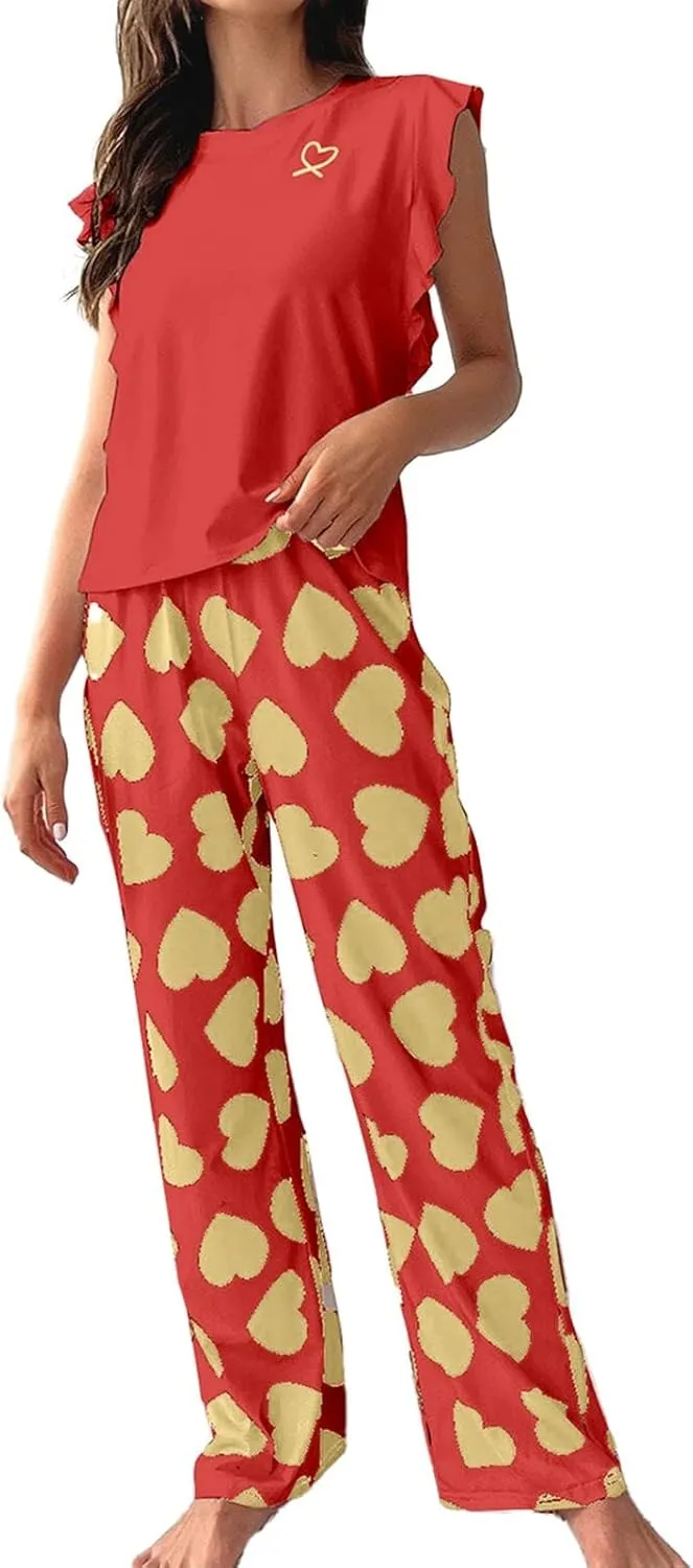 Miyaomn Women's Pajama Sets Ruffled Sleeveless Tank Top and Long Printed Pants with Pockets 2 Piece Pjs Sets Lounge Sleepwear